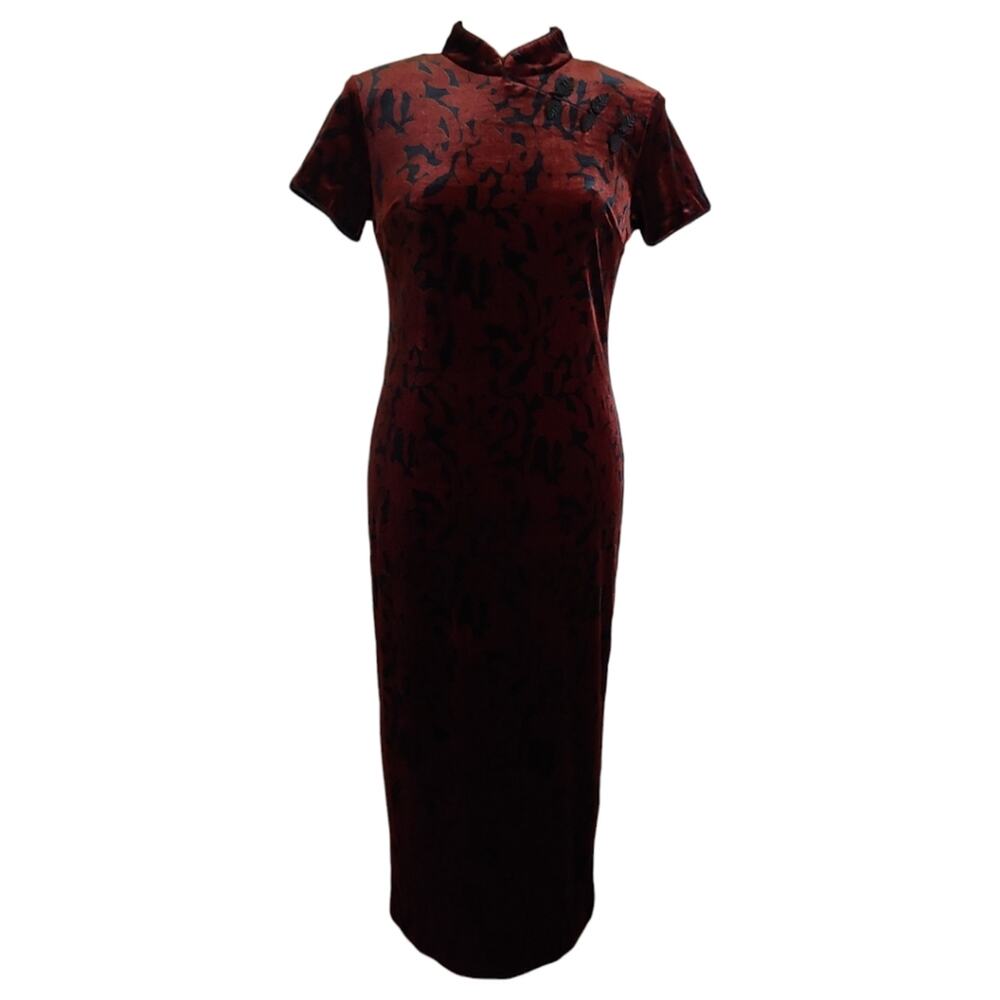 Vintage Velvet Mandarin Red & Black Short Sleeve Maxi Dress with Slit